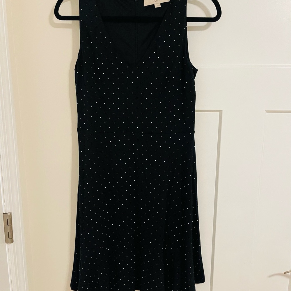 LOFT Black Mini Dress with White Dots - Picture 1 of 4